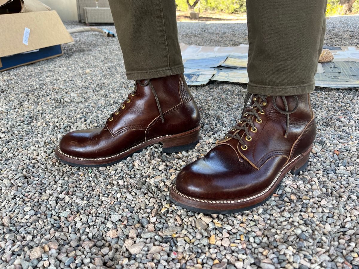 Photo by MrStudabaker on October 3, 2025 of the John Lofgren Steel Gang Boots in Dark Brown Shinki Horsebutt.
