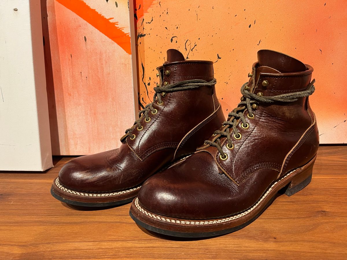 Photo by MrStudabaker on December 6, 2025 of the John Lofgren Steel Gang Boots in Dark Brown Shinki Horsebutt.