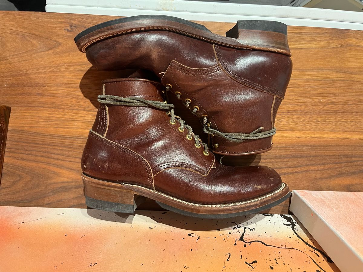 Photo by MrStudabaker on December 6, 2025 of the John Lofgren Steel Gang Boots in Dark Brown Shinki Horsebutt.