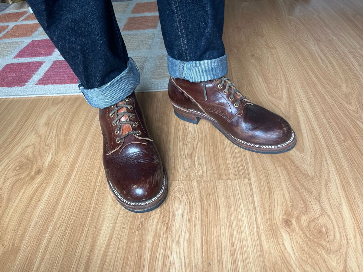 Photo by MrStudabaker on April 16, 2026 of the John Lofgren Steel Gang Boots in Dark Brown Shinki Horsebutt.