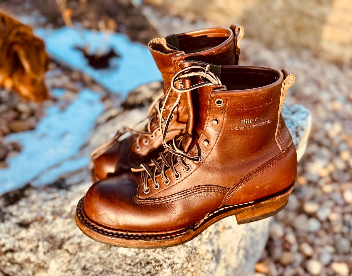 Photo by EliCashsWildcat on January 5, 2025 of the White's 350 Cutter in Horween British Tan Chromexcel.