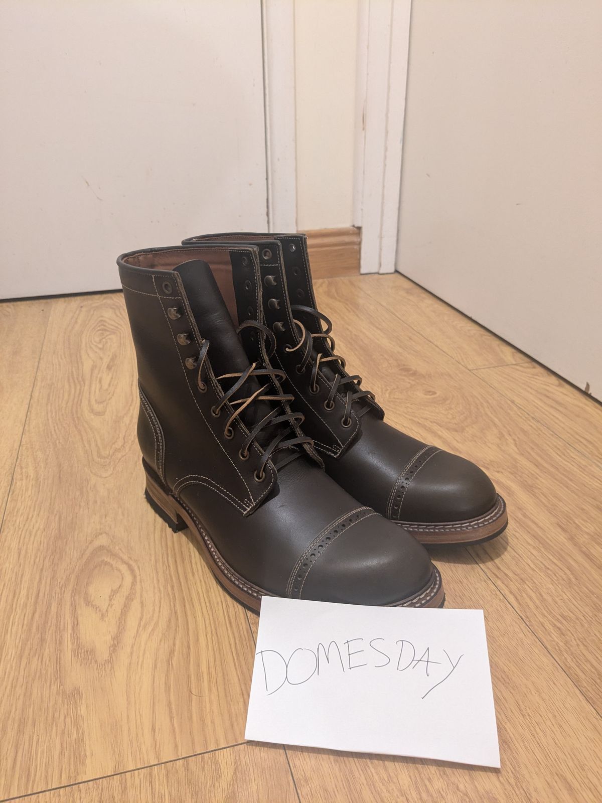 Photo by swoob on October 1, 2024 of the Bright Shoemakers Combat Boot in Olive Oil Veg Tan.