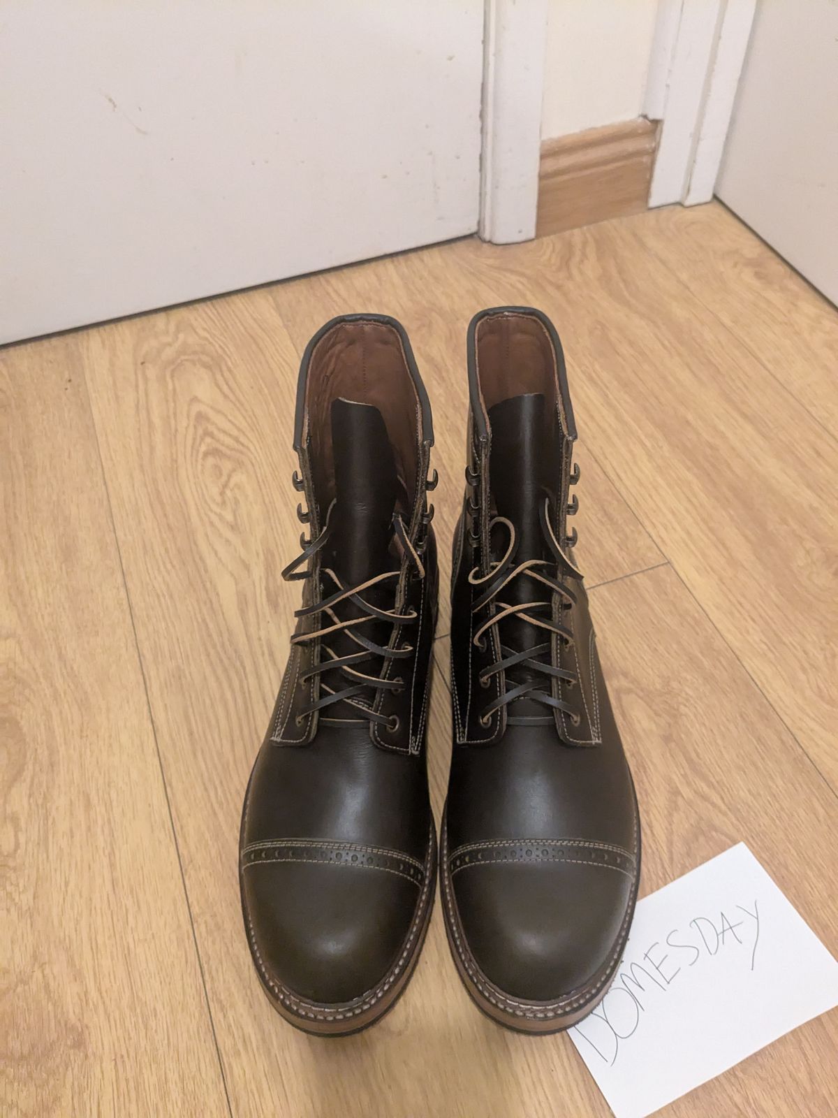 Photo by swoob on October 1, 2024 of the Bright Shoemakers Combat Boot in Olive Oil Veg Tan.