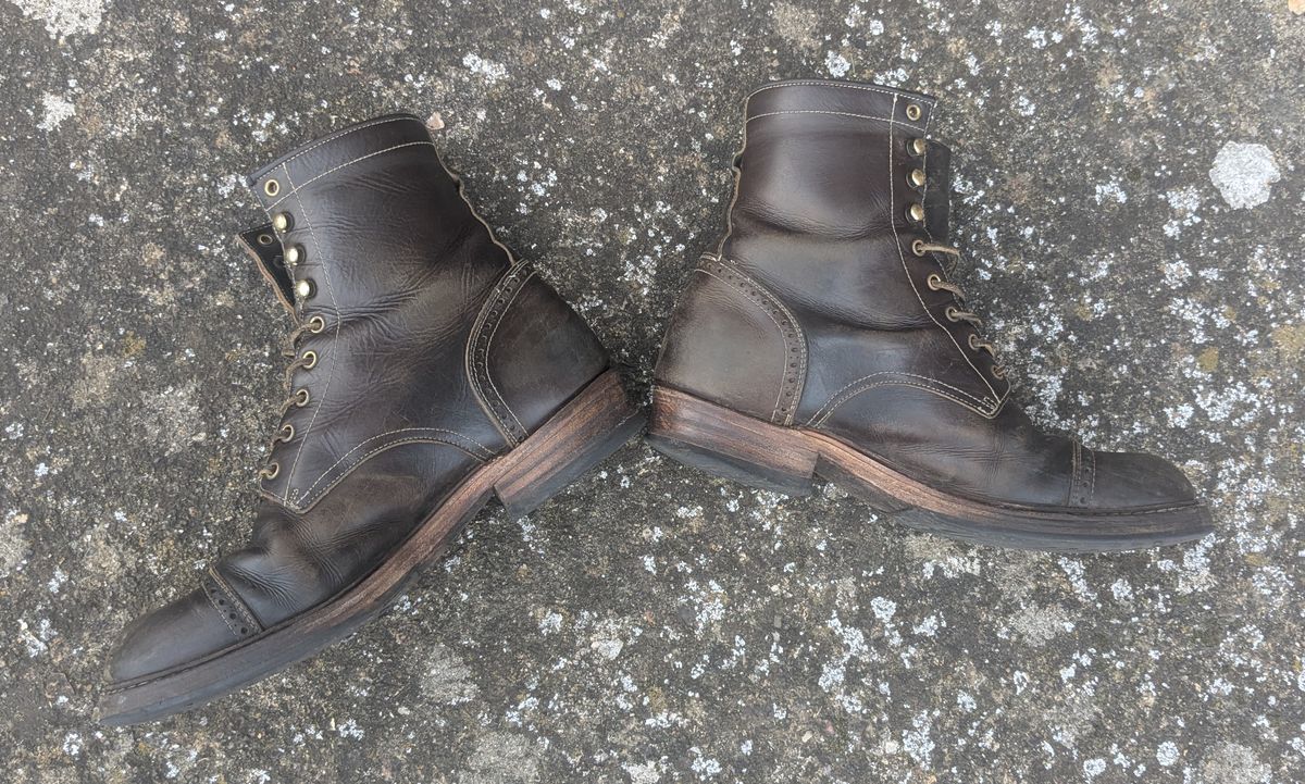 Photo by swoob on March 21, 2025 of the Bright Shoemakers Combat Boot in Olive Oil Veg Tan.