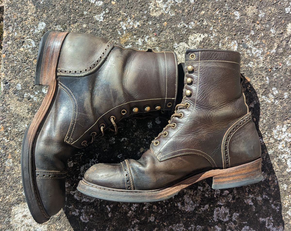 Photo by swoob on April 1, 2025 of the Bright Shoemakers Combat Boot in Olive Oil Veg Tan.