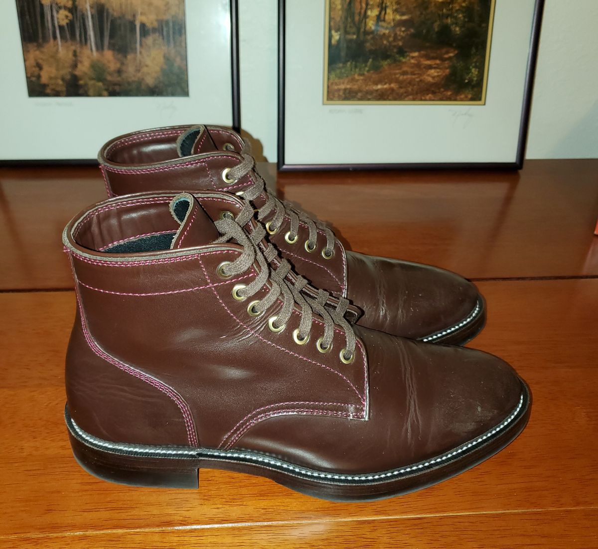 Photo by MDM on December 6, 2024 of the Txture Txture / Pacific boots in Red Wine Pull Up (local).