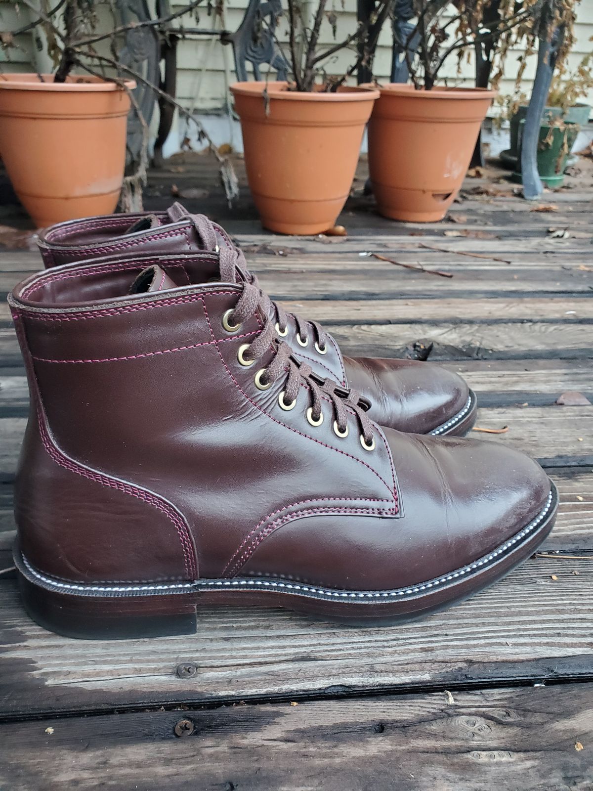 Photo by MDM on January 5, 2025 of the Txture Txture / Pacific boots in Red Wine Pull Up (local).