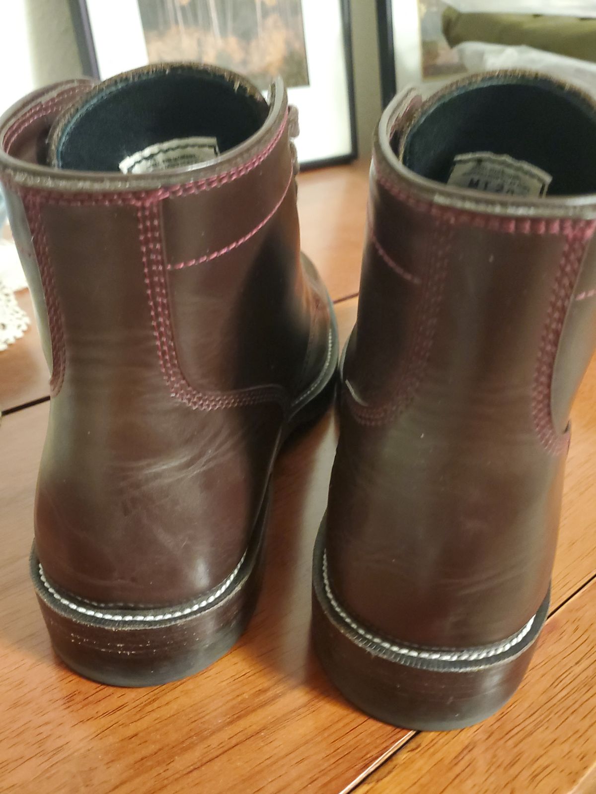 Photo by MDM on March 6, 2025 of the Txture Txture / Pacific boots in Red Wine Pull Up (local).