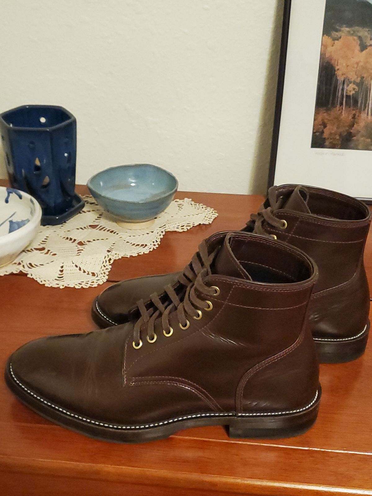 Photo by MDM on March 6, 2025 of the Txture Txture / Pacific boots in Red Wine Pull Up (local).