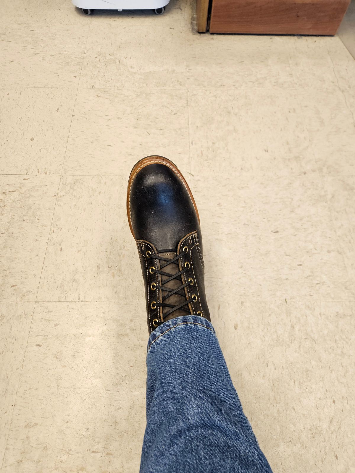 Photo by jhiatt77 on February 9, 2026 of the Truman Plain Toe Boot in Horween Black Waxed Flesh.