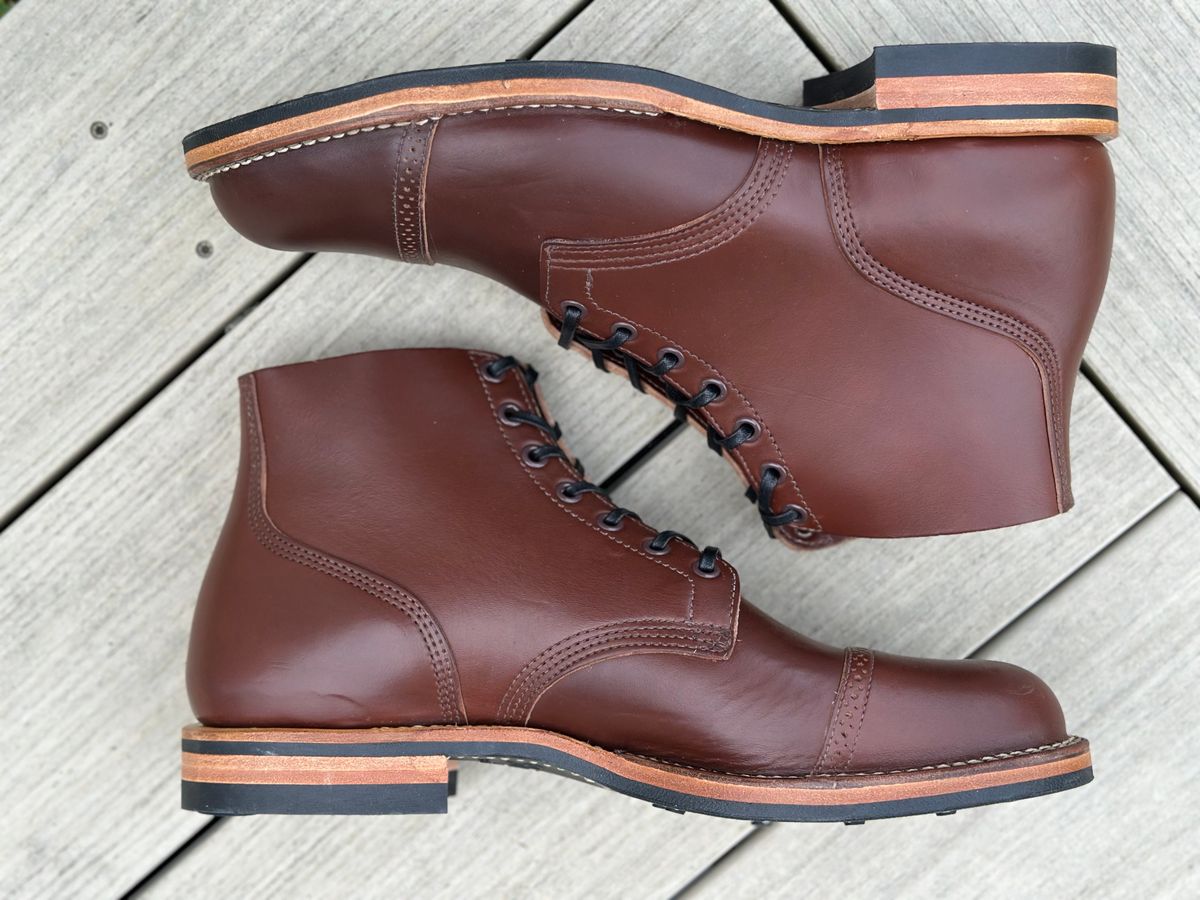 Photo by pnwelted on October 4, 2024 of the Viberg Service Boot BCT in Horween Pigment Brown Workshoe Butt.