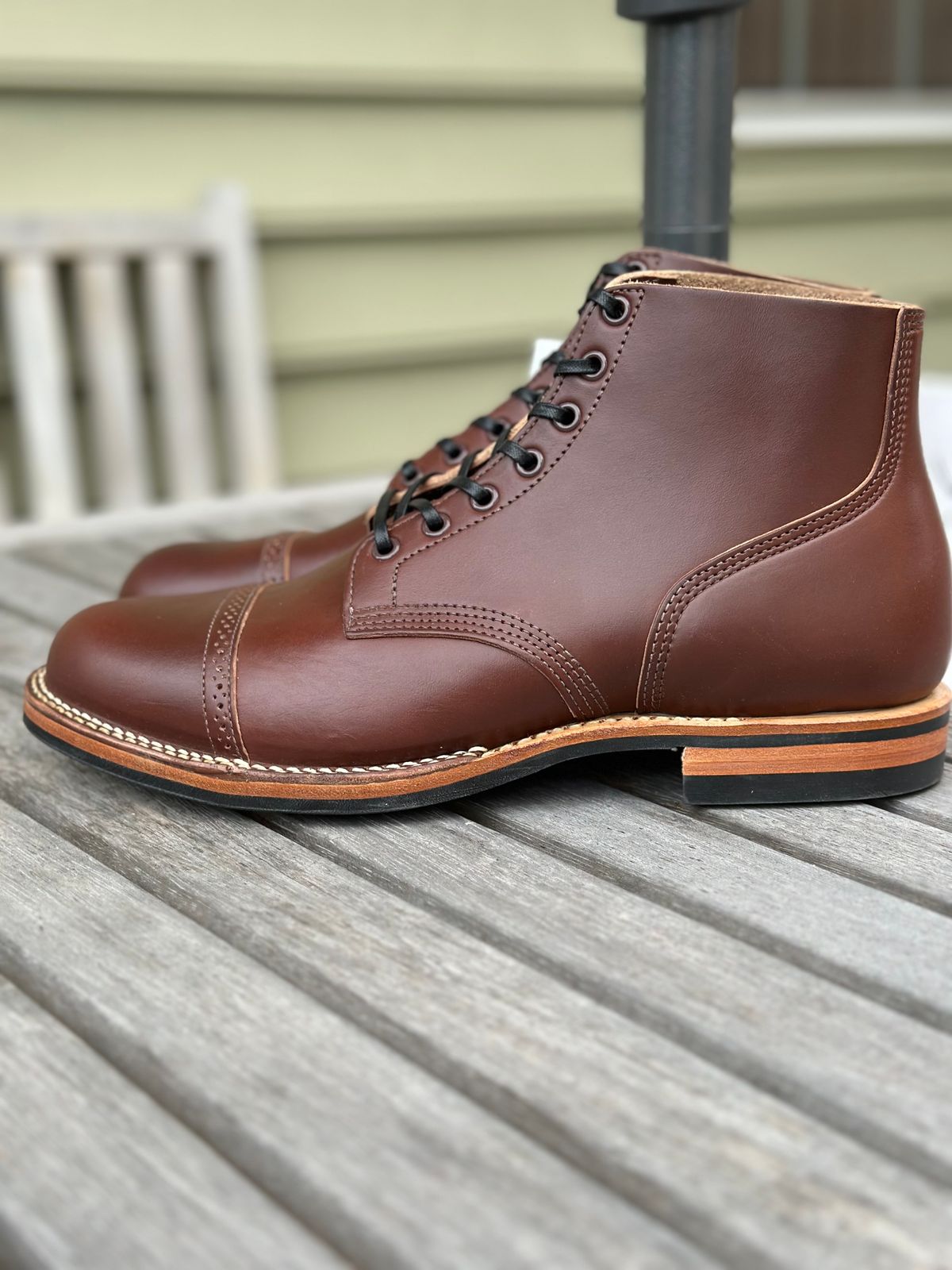 Photo by pnwelted on October 4, 2024 of the Viberg Service Boot BCT in Horween Pigment Brown Workshoe Butt.