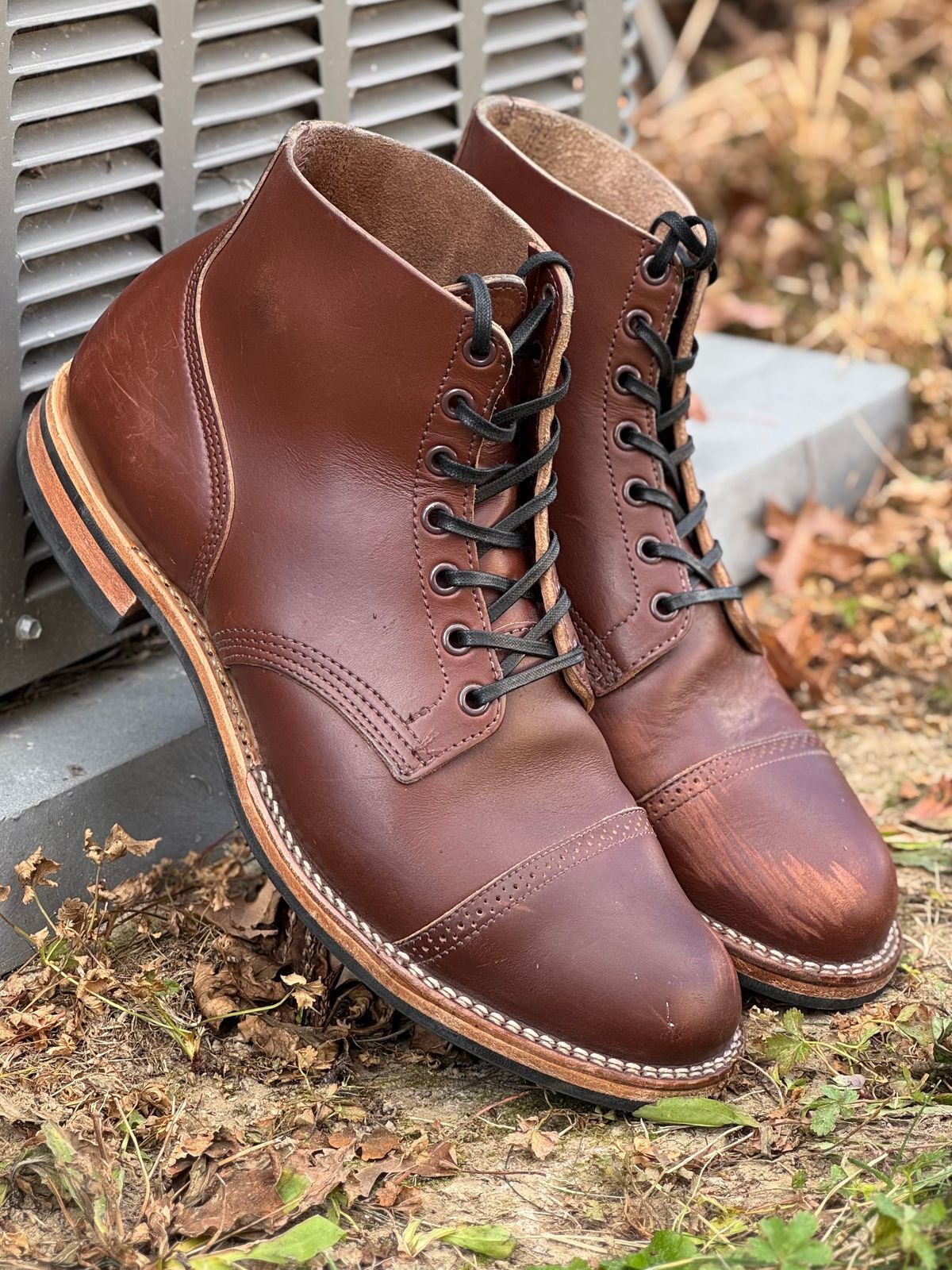 Photo by pnwelted on November 2, 2024 of the Viberg Service Boot BCT in Horween Pigment Brown Workshoe Butt.