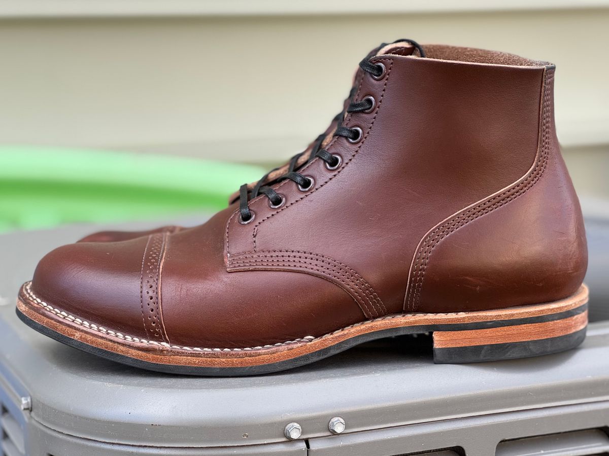 Photo by pnwelted on November 2, 2024 of the Viberg Service Boot BCT in Horween Pigment Brown Workshoe Butt.