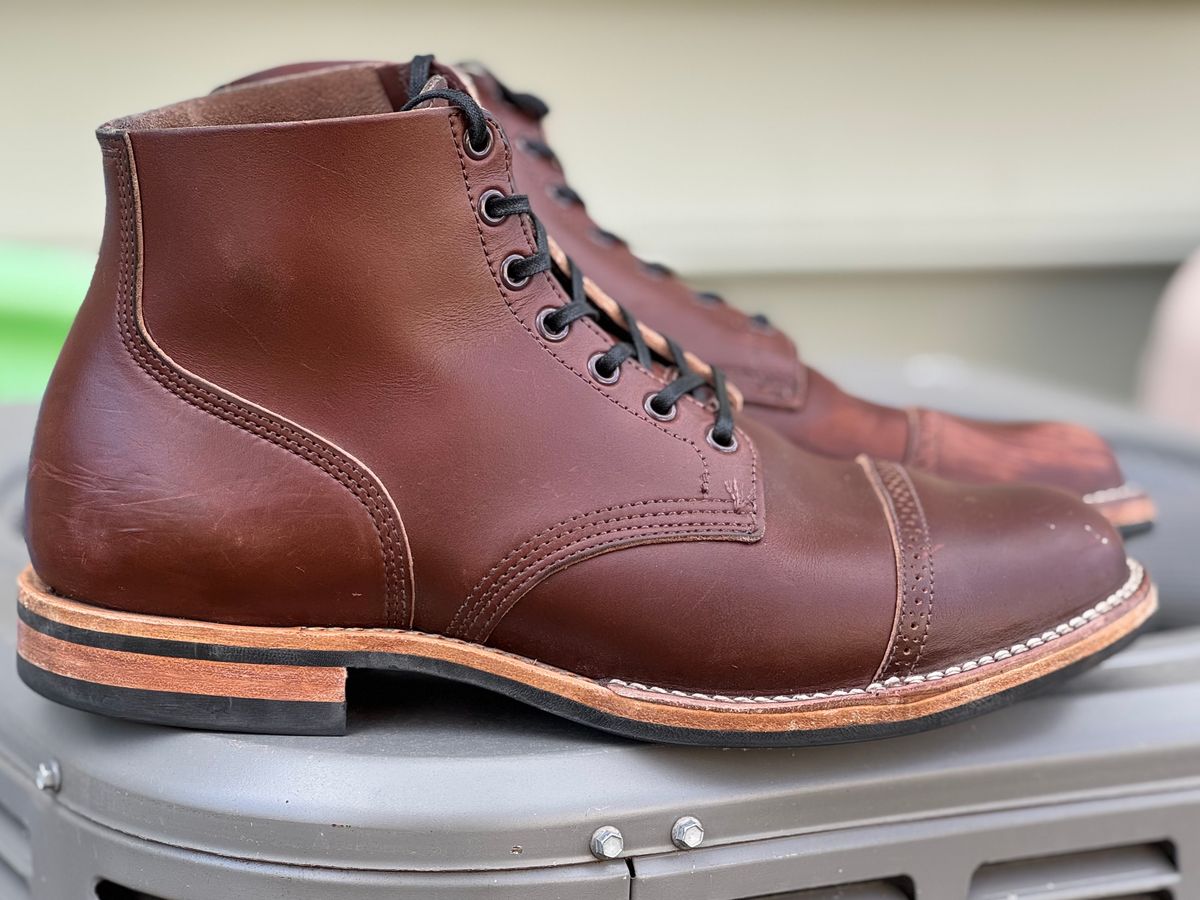 Photo by pnwelted on November 2, 2024 of the Viberg Service Boot BCT in Horween Pigment Brown Workshoe Butt.