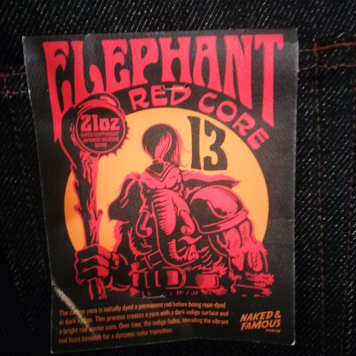 Photo by StuntTriple on October 21, 2025 of the Naked & Famous Denim Elephant 13 Red Core in Natural Vegetable Tan & 21oz Super Heavyweight Japanese Denim.