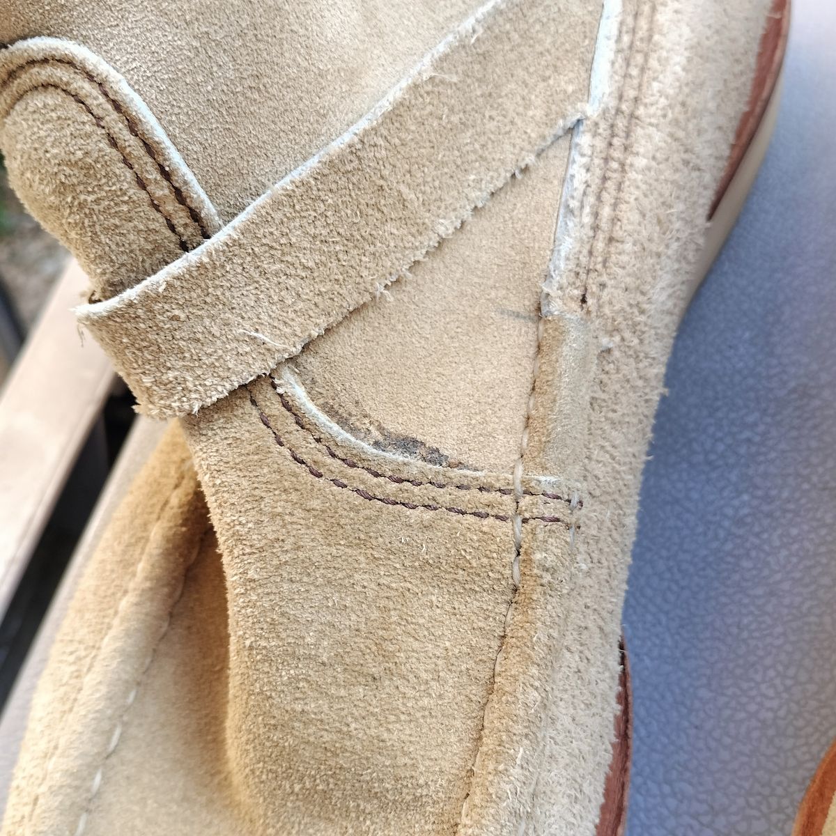 Photo by StuntTriple on November 4, 2025 of the Russell Moccasin Co. Zephyr in Horween Biege Laramie Suede.