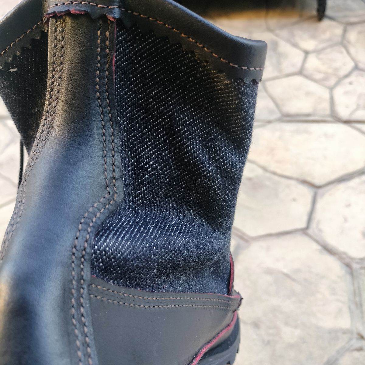 Photo by StuntTriple on October 21, 2025 of the Russell Moccasin Co. Rose Anvil X Naked & Famous X Russell Blood Core PH in Seidel x Rose Anvil "Blood Core" Leather & 21oz Elephant 13 Red Core Denim.