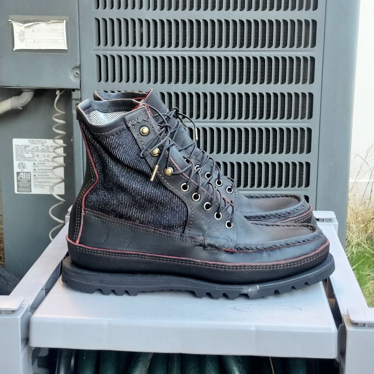 Photo by StuntTriple on October 21, 2025 of the Russell Moccasin Co. Rose Anvil X Naked & Famous X Russell Blood Core PH in Seidel x Rose Anvil "Blood Core" Leather & 21oz Elephant 13 Red Core Denim.