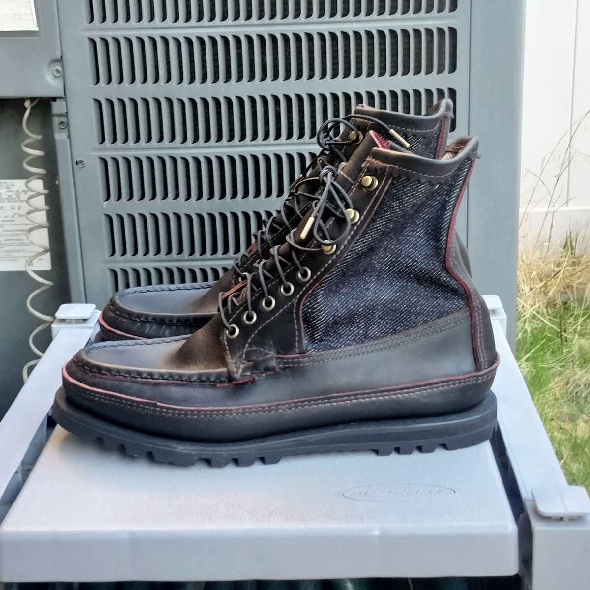 Photo by StuntTriple on October 21, 2025 of the Russell Moccasin Co. Rose Anvil X Naked & Famous X Russell Blood Core PH in Seidel x Rose Anvil "Blood Core" Leather & 21oz Elephant 13 Red Core Denim.