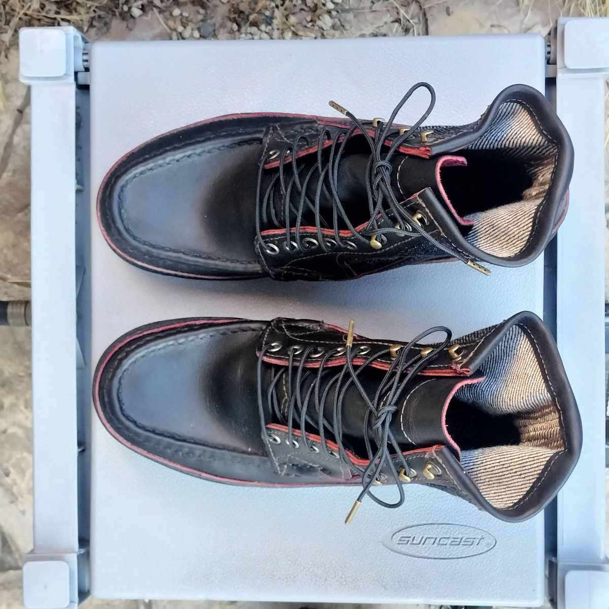 Photo by StuntTriple on October 21, 2025 of the Russell Moccasin Co. Rose Anvil X Naked & Famous X Russell Blood Core PH in Seidel x Rose Anvil "Blood Core" Leather & 21oz Elephant 13 Red Core Denim.