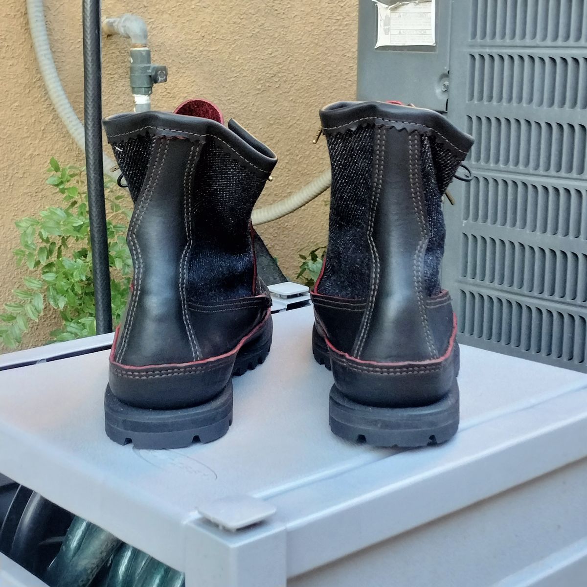 Photo by StuntTriple on October 21, 2025 of the Russell Moccasin Co. Rose Anvil X Naked & Famous X Russell Blood Core PH in Seidel x Rose Anvil "Blood Core" Leather & 21oz Elephant 13 Red Core Denim.