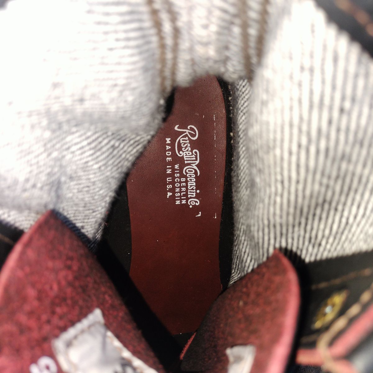 Photo by StuntTriple on October 21, 2025 of the Russell Moccasin Co. Rose Anvil X Naked & Famous X Russell Blood Core PH in Seidel x Rose Anvil "Blood Core" Leather & 21oz Elephant 13 Red Core Denim.