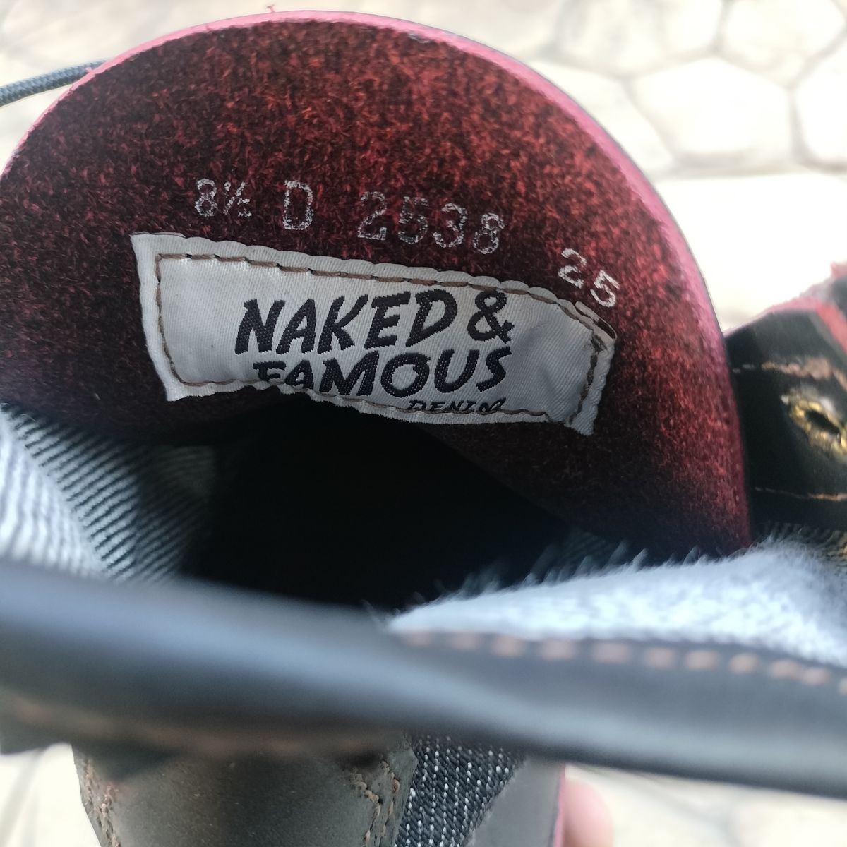 Photo by StuntTriple on October 21, 2025 of the Russell Moccasin Co. Rose Anvil X Naked & Famous X Russell Blood Core PH in Seidel x Rose Anvil "Blood Core" Leather & 21oz Elephant 13 Red Core Denim.