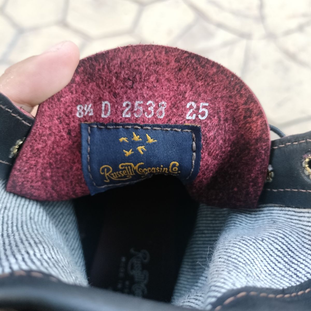 Photo by StuntTriple on October 21, 2025 of the Russell Moccasin Co. Rose Anvil X Naked & Famous X Russell Blood Core PH in Seidel x Rose Anvil "Blood Core" Leather & 21oz Elephant 13 Red Core Denim.