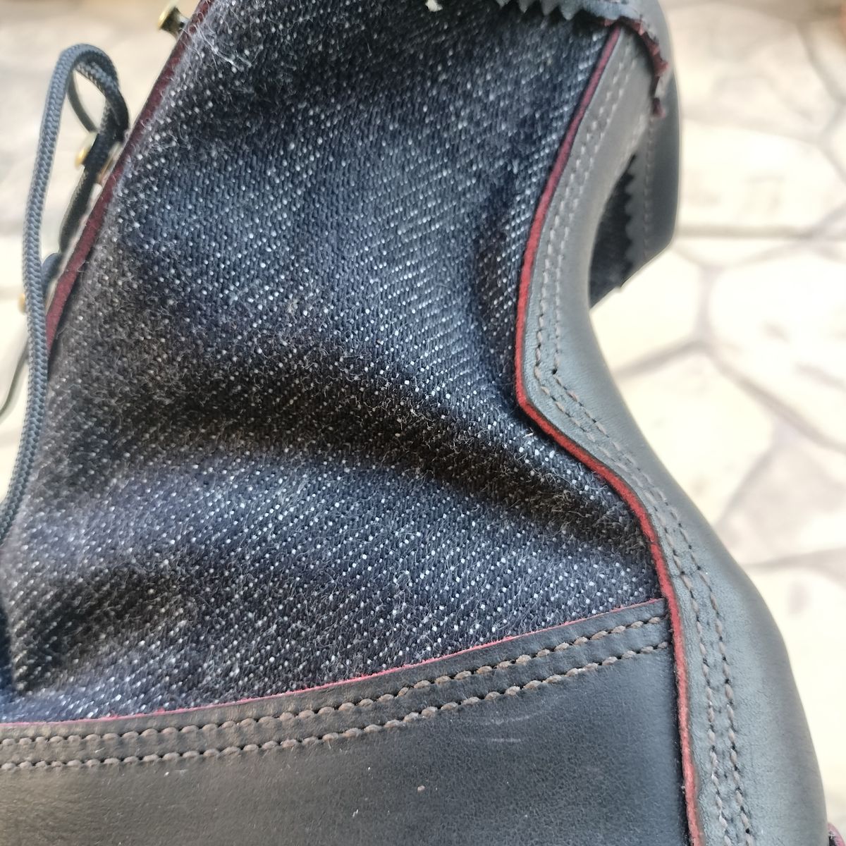 Photo by StuntTriple on October 21, 2025 of the Russell Moccasin Co. Rose Anvil X Naked & Famous X Russell Blood Core PH in Seidel x Rose Anvil "Blood Core" Leather & 21oz Elephant 13 Red Core Denim.