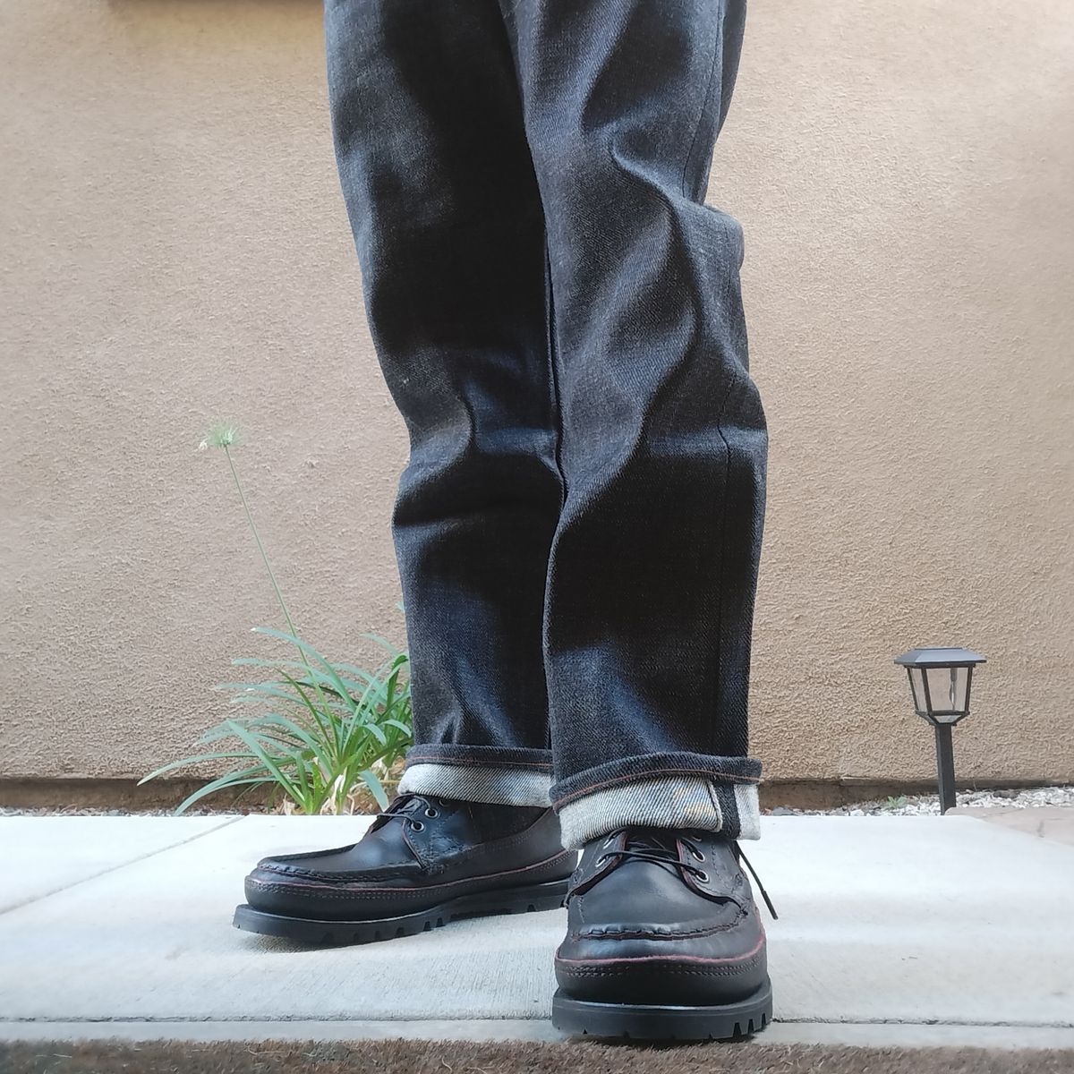 Photo by StuntTriple on October 21, 2025 of the Russell Moccasin Co. Rose Anvil X Naked & Famous X Russell Blood Core PH in Seidel x Rose Anvil "Blood Core" Leather & 21oz Elephant 13 Red Core Denim.