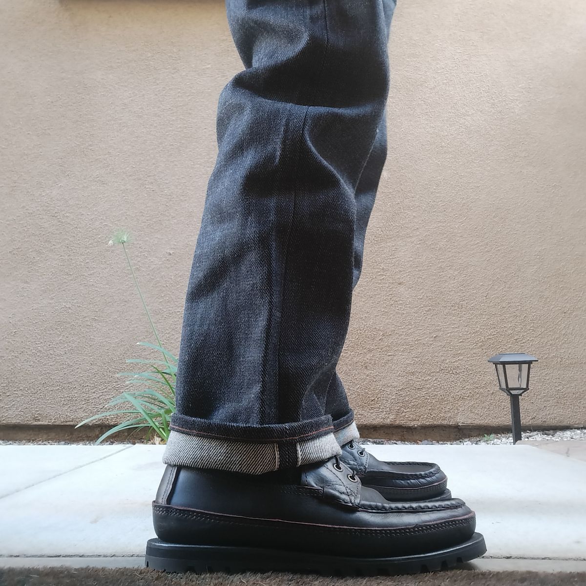 Photo by StuntTriple on October 21, 2025 of the Russell Moccasin Co. Rose Anvil X Naked & Famous X Russell Blood Core PH in Seidel x Rose Anvil "Blood Core" Leather & 21oz Elephant 13 Red Core Denim.