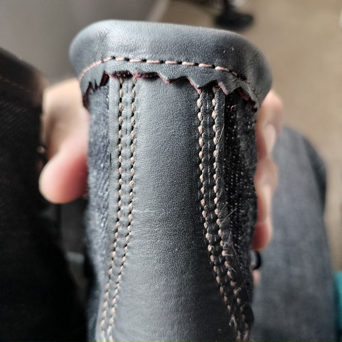 Photo by StuntTriple on October 22, 2025 of the Russell Moccasin Co. Rose Anvil X Naked & Famous X Russell Blood Core PH in Seidel x Rose Anvil "Blood Core" Leather & 21oz Elephant 13 Red Core Denim.