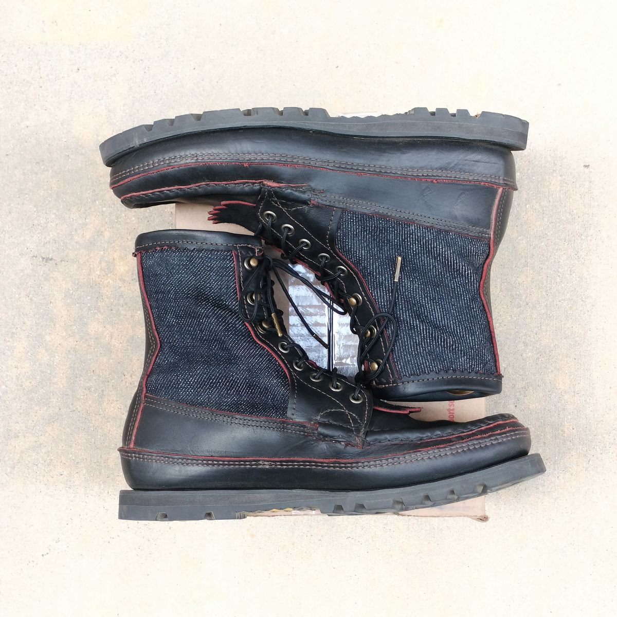 Photo by StuntTriple on May 17, 2026 of the Russell Moccasin Co. Rose Anvil X Naked & Famous X Russell Blood Core PH in Seidel x Rose Anvil "Blood Core" Leather & 21oz Elephant 13 Red Core Denim.