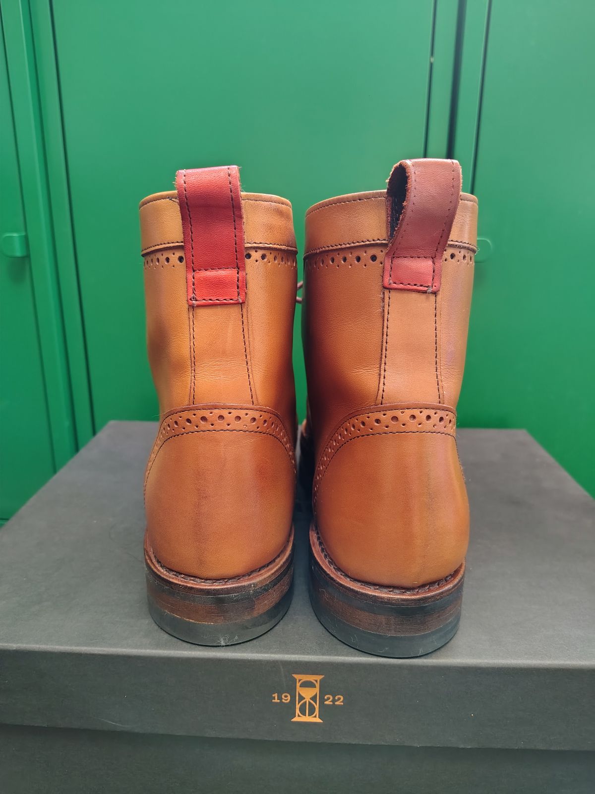 Photo by EMJ on October 1, 2025 of the Allen Edmonds Dalton Wingtip Dress Boot in Walnut Calfskin.