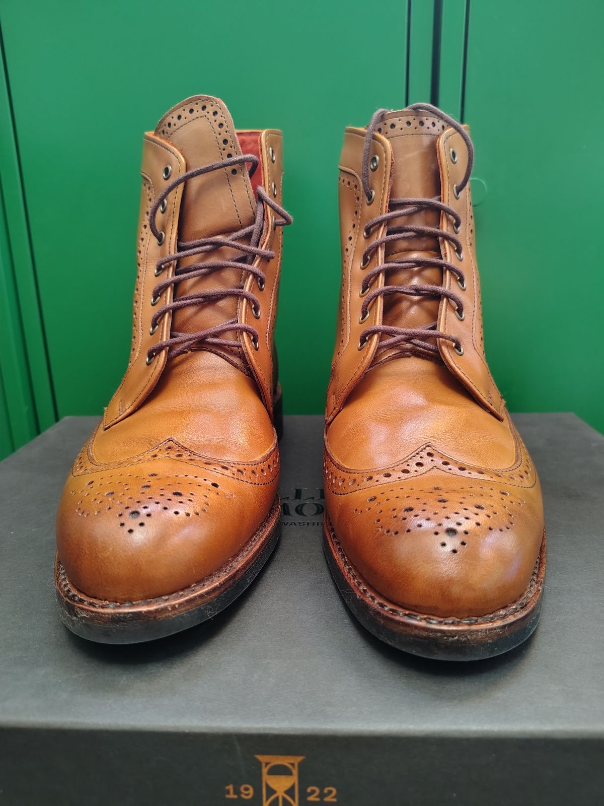 Photo by EMJ on October 1, 2025 of the Allen Edmonds Dalton Wingtip Dress Boot in Walnut Calfskin.