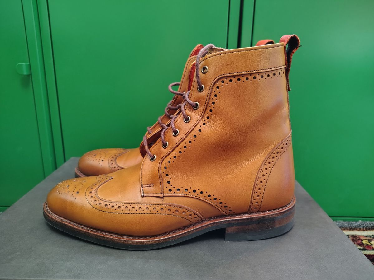 Photo by EMJ on October 1, 2025 of the Allen Edmonds Dalton Wingtip Dress Boot in Walnut Calfskin.