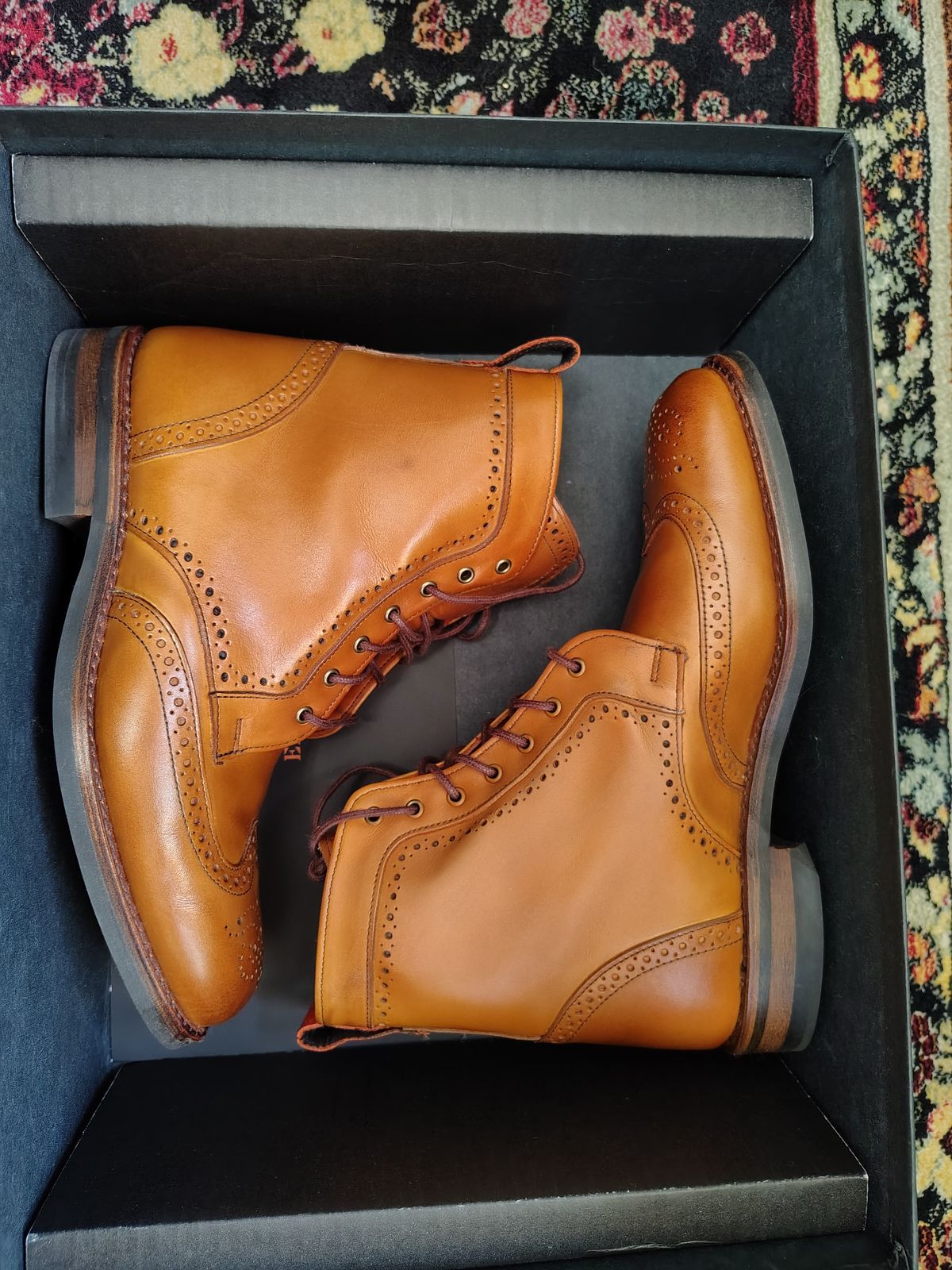 Photo by EMJ on October 1, 2025 of the Allen Edmonds Dalton Wingtip Dress Boot in Walnut Calfskin.