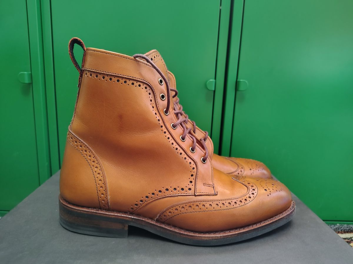 Photo by EMJ on October 1, 2025 of the Allen Edmonds Dalton Wingtip Dress Boot in Walnut Calfskin.