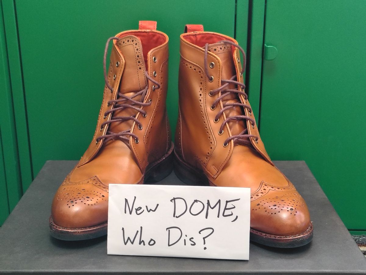 Photo by EMJ on October 1, 2025 of the Allen Edmonds Dalton Wingtip Dress Boot in Walnut Calfskin.