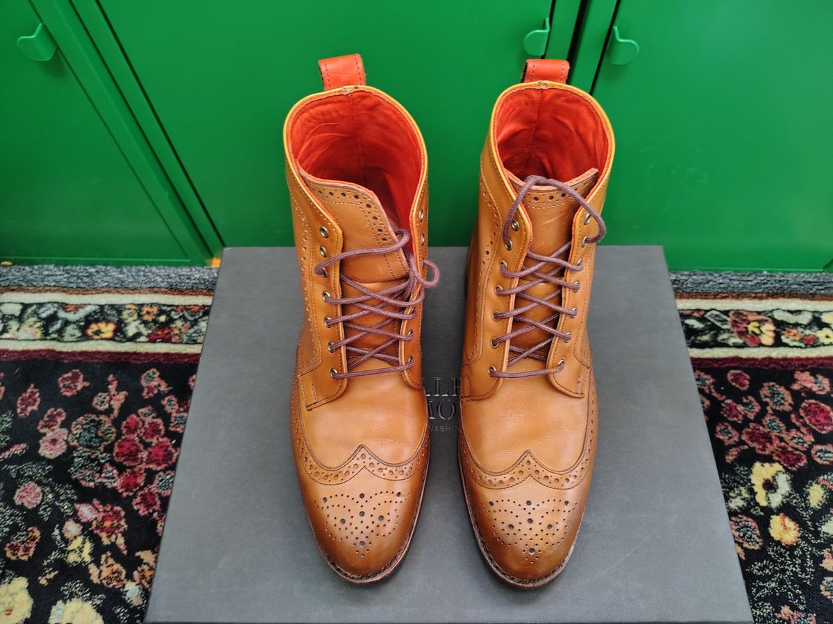 Photo by EMJ on October 1, 2025 of the Allen Edmonds Dalton Wingtip Dress Boot in Walnut Calfskin.