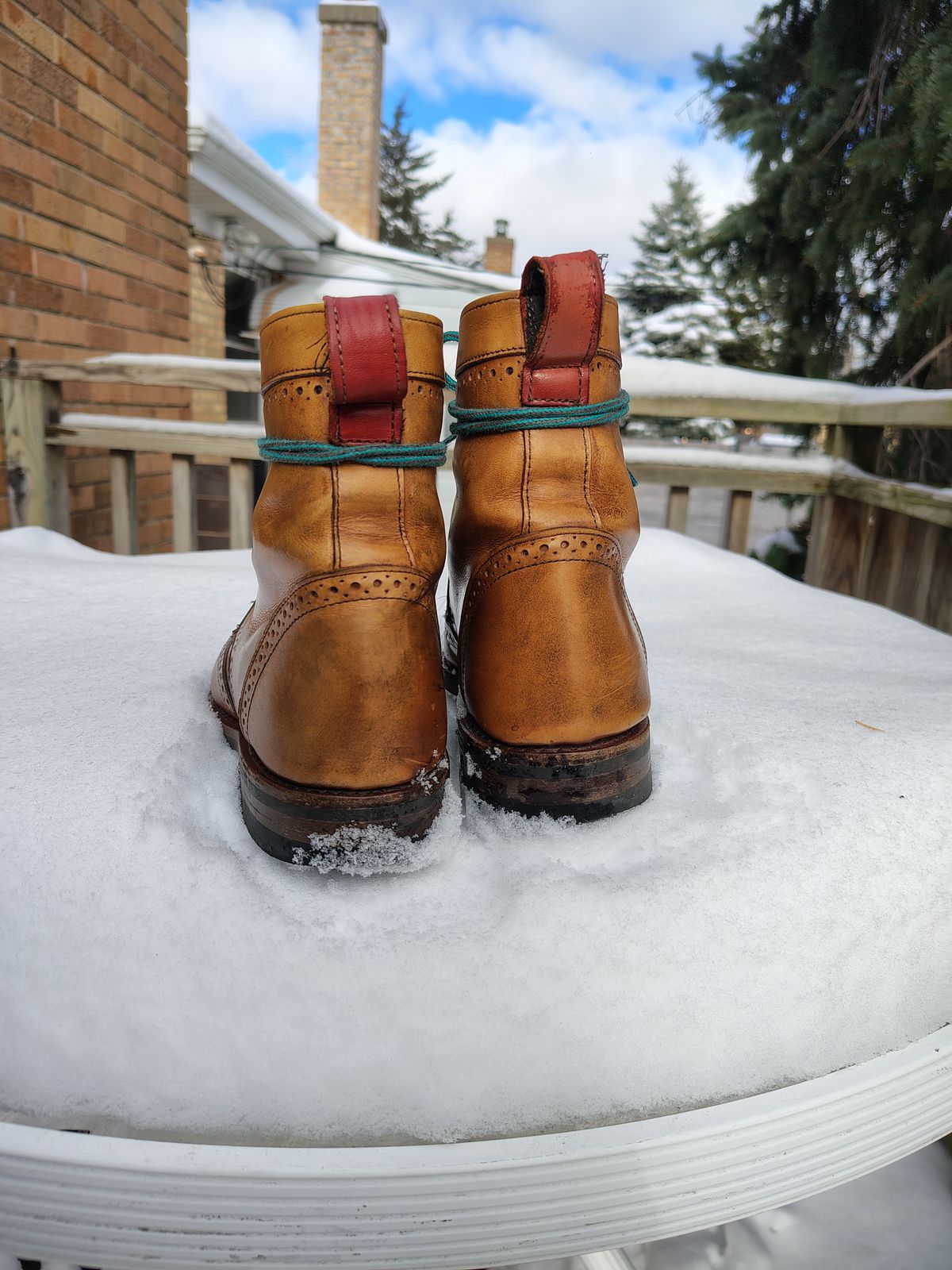 Photo by EMJ on December 4, 2025 of the Allen Edmonds Dalton Wingtip Dress Boot in Walnut Calfskin.