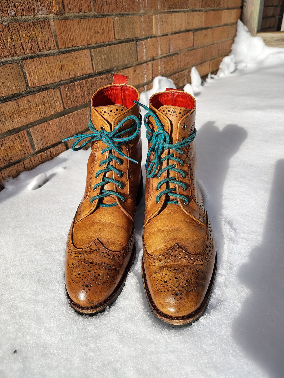 Photo by EMJ on December 4, 2025 of the Allen Edmonds Dalton Wingtip Dress Boot in Walnut Calfskin.