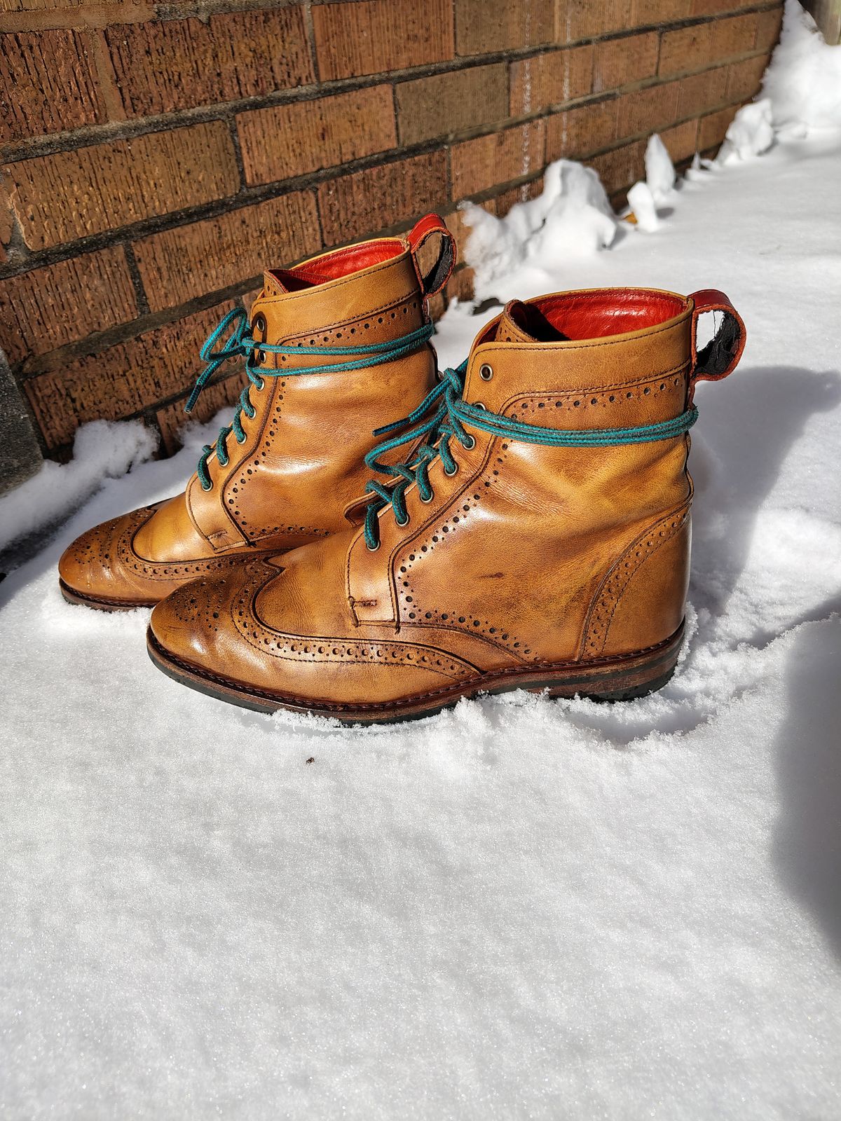 Photo by EMJ on December 4, 2025 of the Allen Edmonds Dalton Wingtip Dress Boot in Walnut Calfskin.