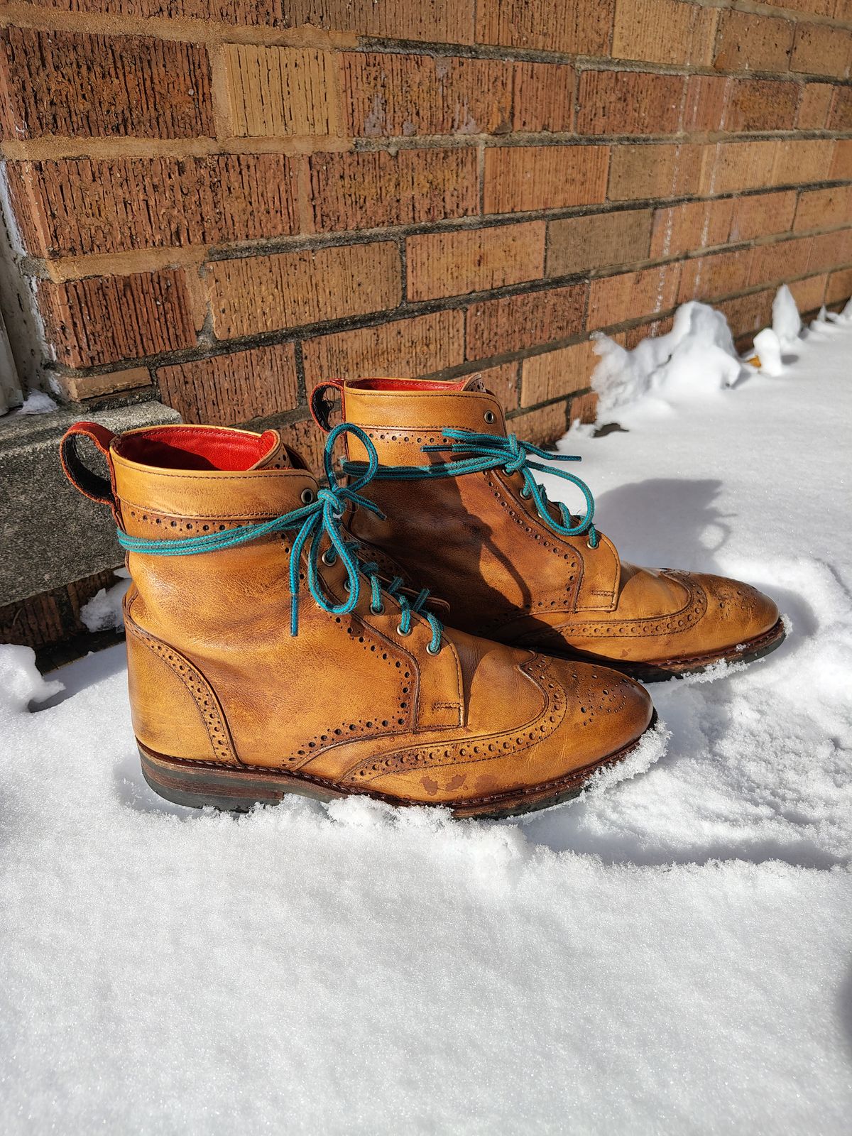 Photo by EMJ on December 4, 2025 of the Allen Edmonds Dalton Wingtip Dress Boot in Walnut Calfskin.