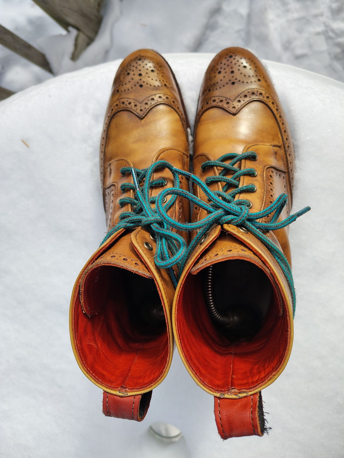 Photo by EMJ on December 4, 2025 of the Allen Edmonds Dalton Wingtip Dress Boot in Walnut Calfskin.