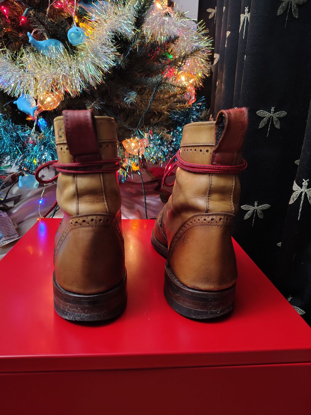 Photo by EMJ on January 3, 2026 of the Allen Edmonds Dalton Wingtip Dress Boot in Walnut Calfskin.