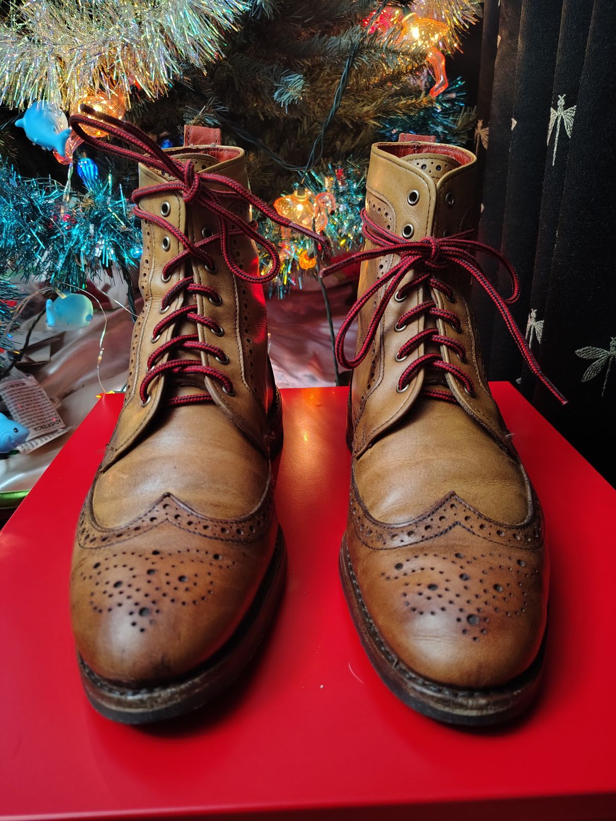 Photo by EMJ on January 3, 2026 of the Allen Edmonds Dalton Wingtip Dress Boot in Walnut Calfskin.