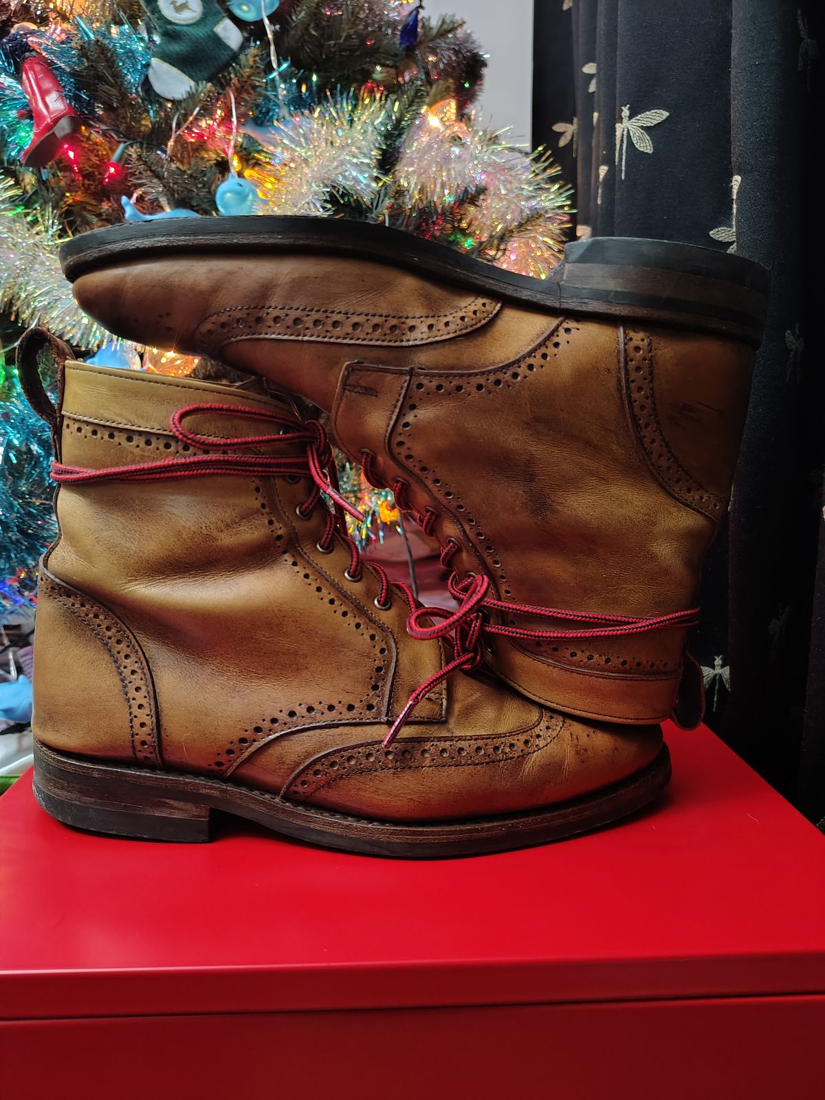 Photo by EMJ on January 3, 2026 of the Allen Edmonds Dalton Wingtip Dress Boot in Walnut Calfskin.