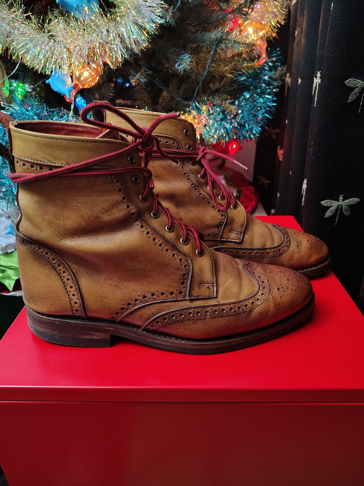 Photo by EMJ on January 3, 2026 of the Allen Edmonds Dalton Wingtip Dress Boot in Walnut Calfskin.
